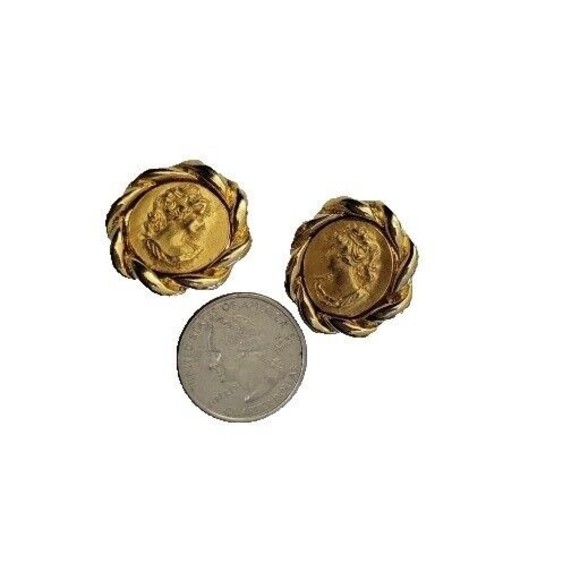 Rare Vintage Greek Goddess Cameo Coin Clip On Earrings Yellow Gold Tone - Picture 3 of 10